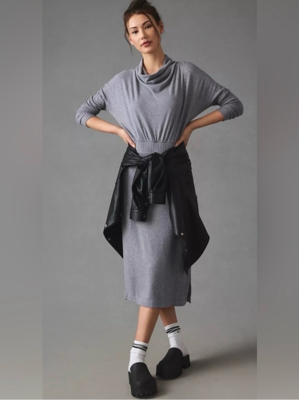 Daily Practice Anthropologie — Arabella Drapey Dress, Grey Cowl Neck — Size M